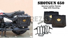 Fit For Royal Enfield Shotgun 650 Black Genuine Leather Pannier Bags and Mounting - SPAREZO